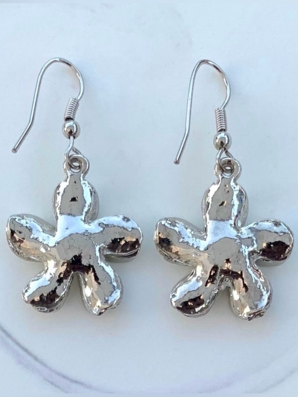 Hawaiian Plumeria Floral Silver-Tone and Crystal Dangling Earrings - Picture 4 of 4
